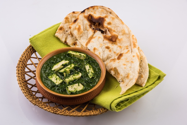 Indian food spinach or palak paneer with roti, chapati, paratha