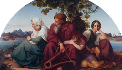 painting of sad people sitting under a tree