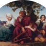 painting of sad people sitting under a tree