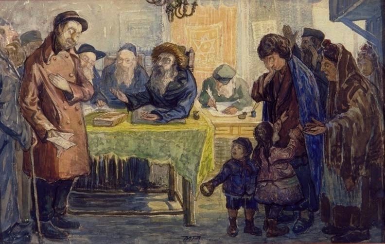 Painting of Jews gathering around a table where a divorce document, a get, is being signed.