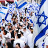 Jerusalem, Israel- April 14, 2007: Young people gathering with flags of Israel at Jaffa Street in the center of Jerusalem to celebrate Israel's Independence Day.