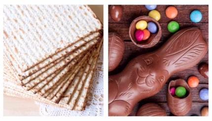 Pieces of matzah, which are traditionally eaten during the Jewish holiday of Passover, next to chocolate Easter bunnies.