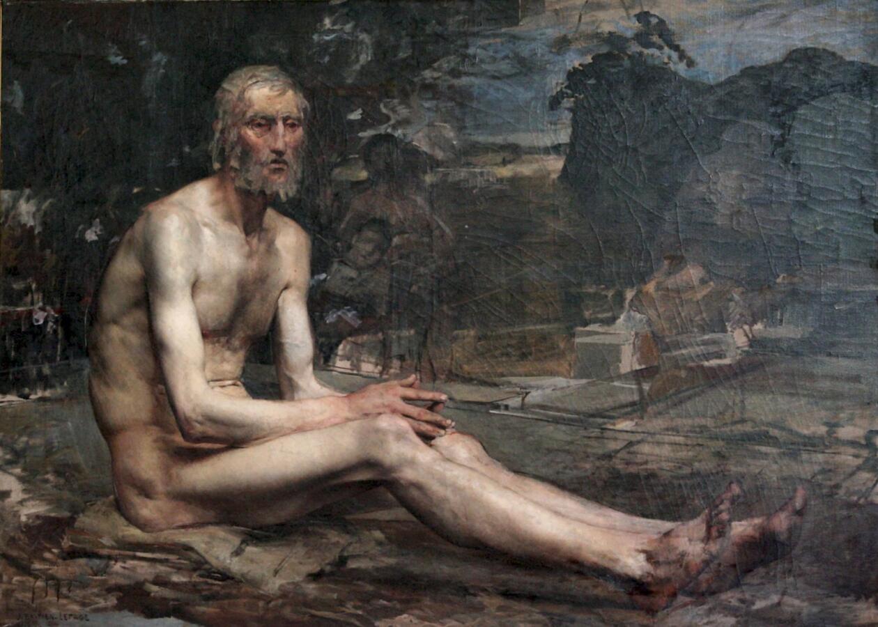 painting of a forlorn man sitting on the ground