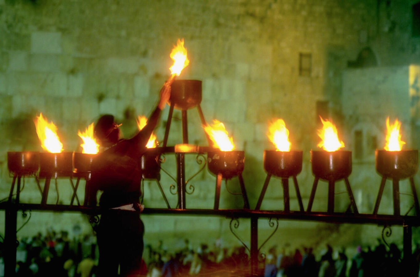 A giant Hanukkah menorah is lit near the Western Wall in Jerusalem, during the festival of Hanukkah. Israel.