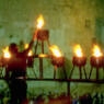 A giant Hanukkah menorah is lit near the Western Wall in Jerusalem, during the festival of Hanukkah. Israel.