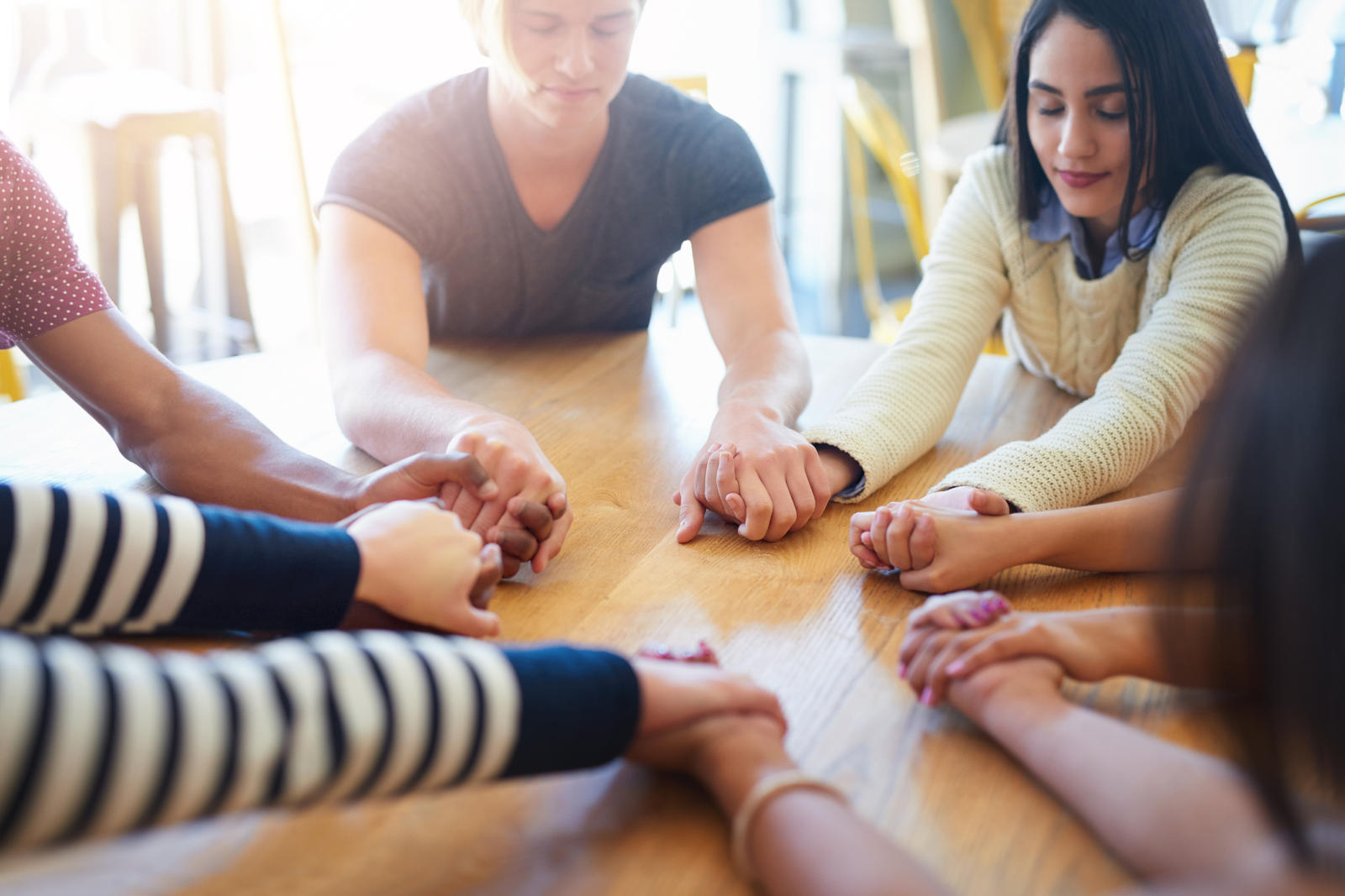 Friend joins us. Pray together. Pray meeting. Praying circle. Pray together with your friend.