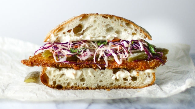 schnitzel and sumac slaw sandwich