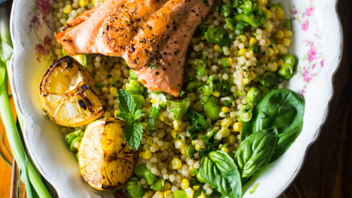 Charred Salmon with Lemon Herb Israeli Couscous & Fava Beans Recipe