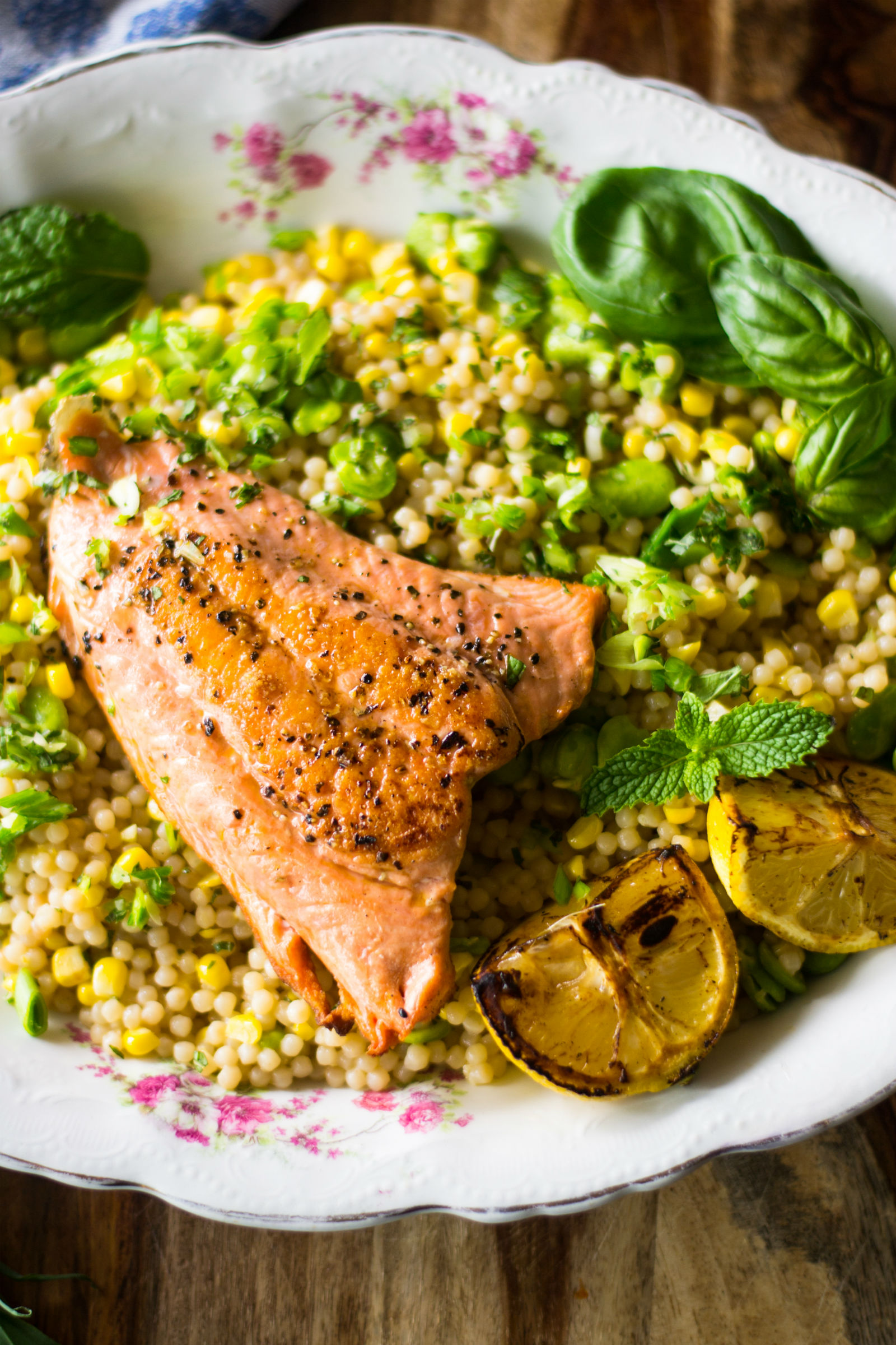 Charred Salmon with Lemon Herb Israeli Couscous & Fava Beans Recipe ...