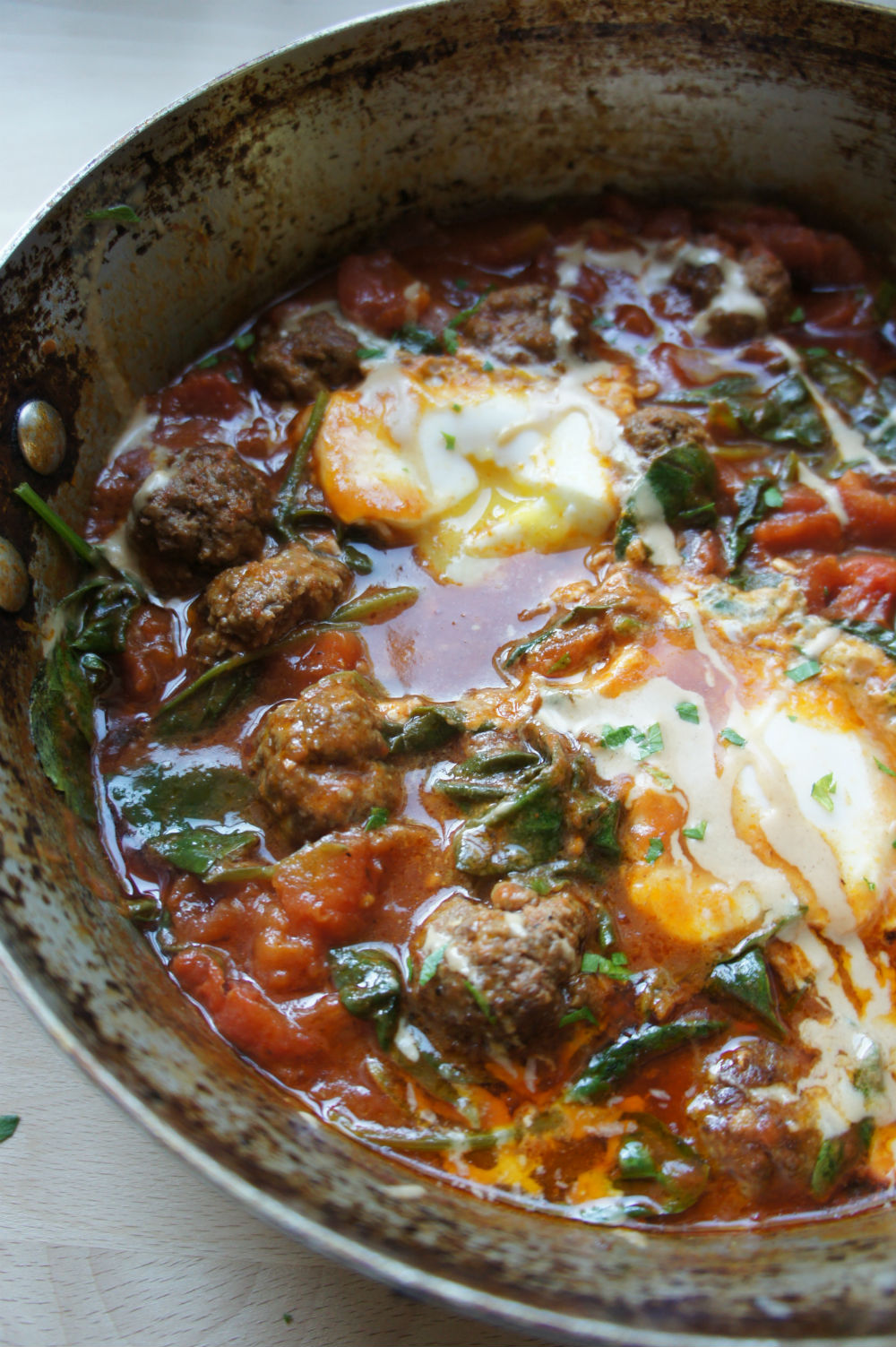 Shakshuka with Spinach and Lamb Meatballs Recipe | The Nosher