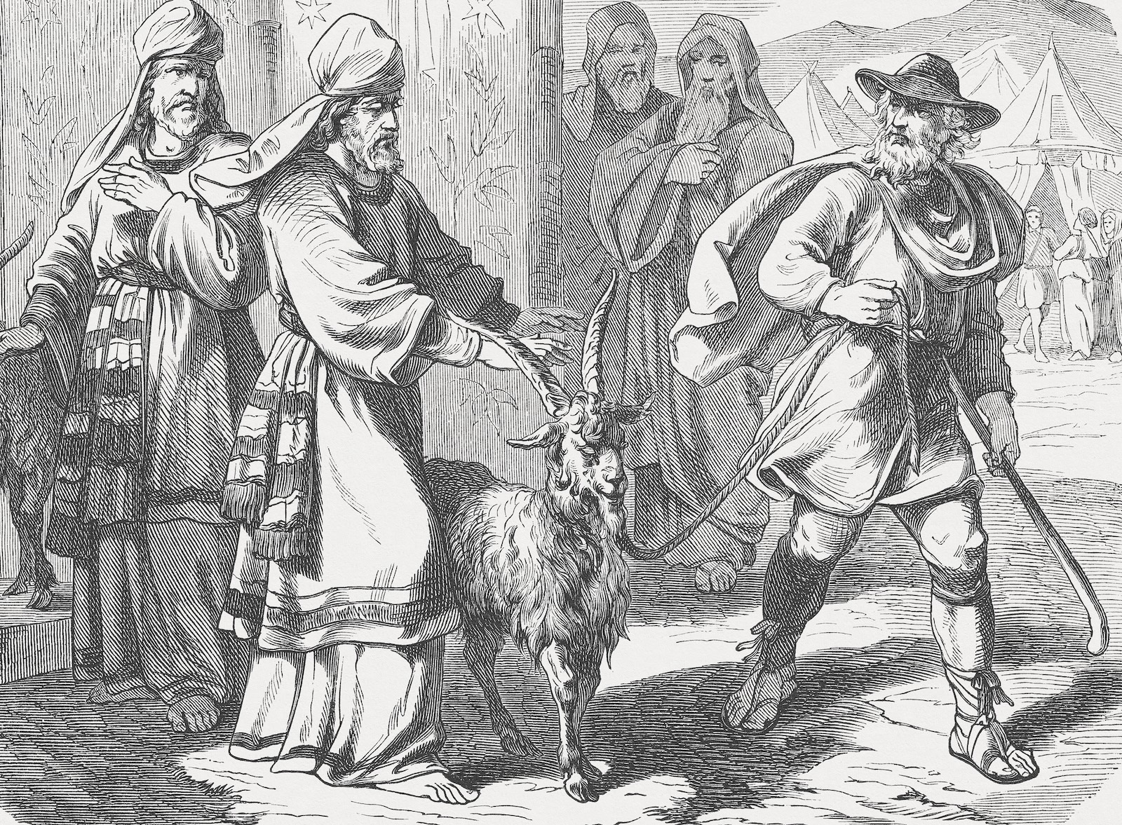 Aaron must then present the goat which has been designated by lot for the Lord, and he is to make it a sin offering, but the goat which has been designated by lot for Azazel is to be stood alive before the Lord to make atonement on it by sending it away to Azazel into the wilderness. (Leviticus, Chapter 16, 9-10). Woodcut after a drawing by Julius Schnorr von Carolsfeld (German painter, 1794 - 1872) from the "Große Haus-Bilder-Bibel (Large House Pictures Bible)" by Dr. Martin Luther. Published by J. Ebner, Ulm (1877)