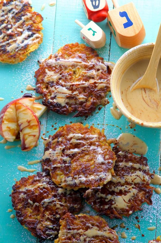 Apple Potato Latkes Recipe with Tahini Silan Sauce | The Nosher