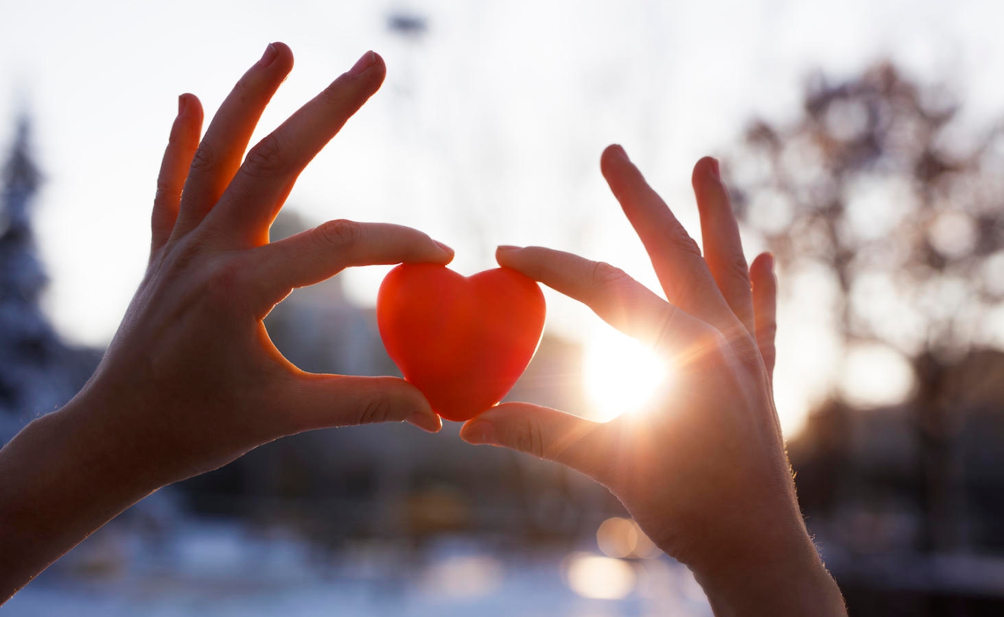 Woman hands holding red heart at sunset