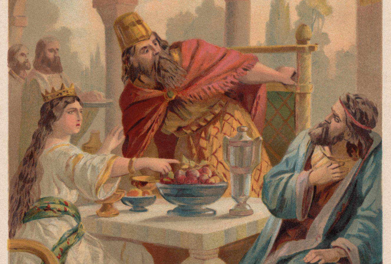 Queen Esther accuses Haman before King Ahasuerus, chromolithograph, published 1886