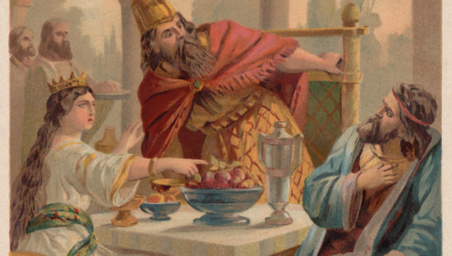 Queen Esther accuses Haman before King Ahasuerus, chromolithograph, published 1886