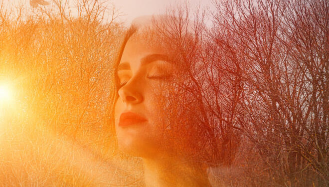 Multiple exposure of young woman changing into nature