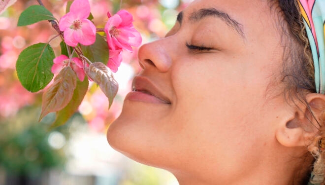 young mixed race woman holding cherry blossoms and smelling it