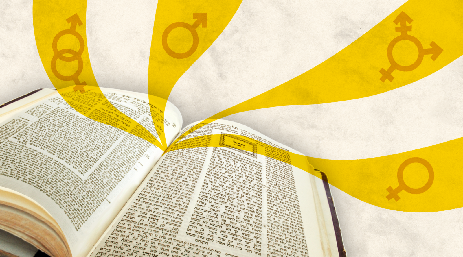 a volume of talmud with gender symbols flying out of it