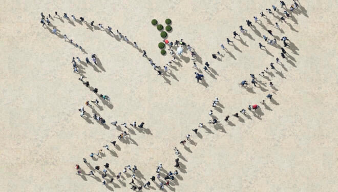 people standing in the shape of picasso's dove with an olive branch in its mouth