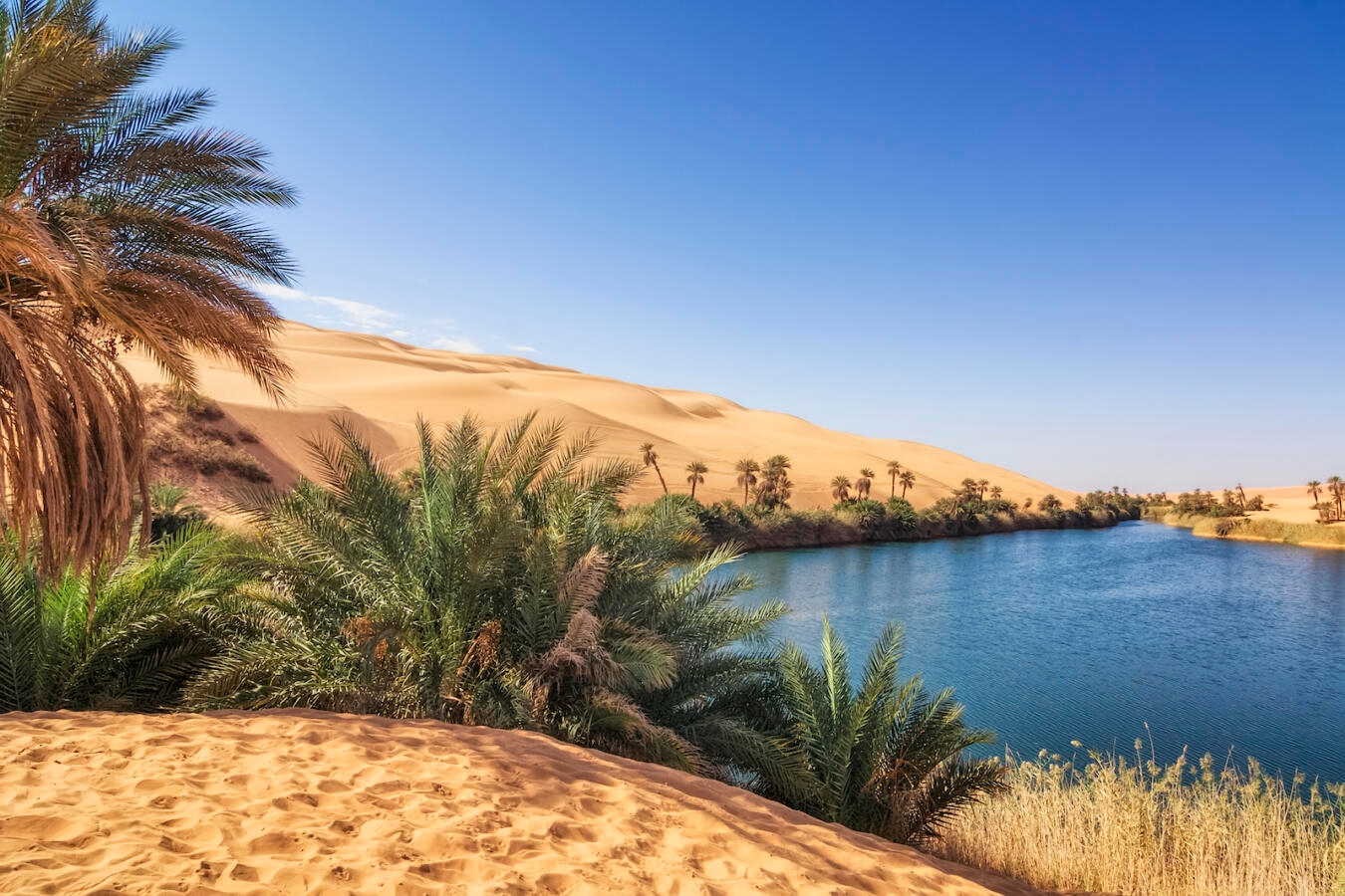 Umm el Ma (Mother of the Water) is about 800 meters long stretched lake in the Libyan part of the Sahara in the Fezzan Awbari. The oasis formed by the lake will be saved from numerous underground water reservoirs. The salinity of the lake rises to 34%.