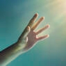 hand, reaching, glowing, light, glow, finger, fingers, blue, yellow, studio, studio background