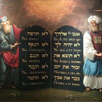 classical painting of moses and aaron standing on either side of the ten commandments in hebrew and transliteration