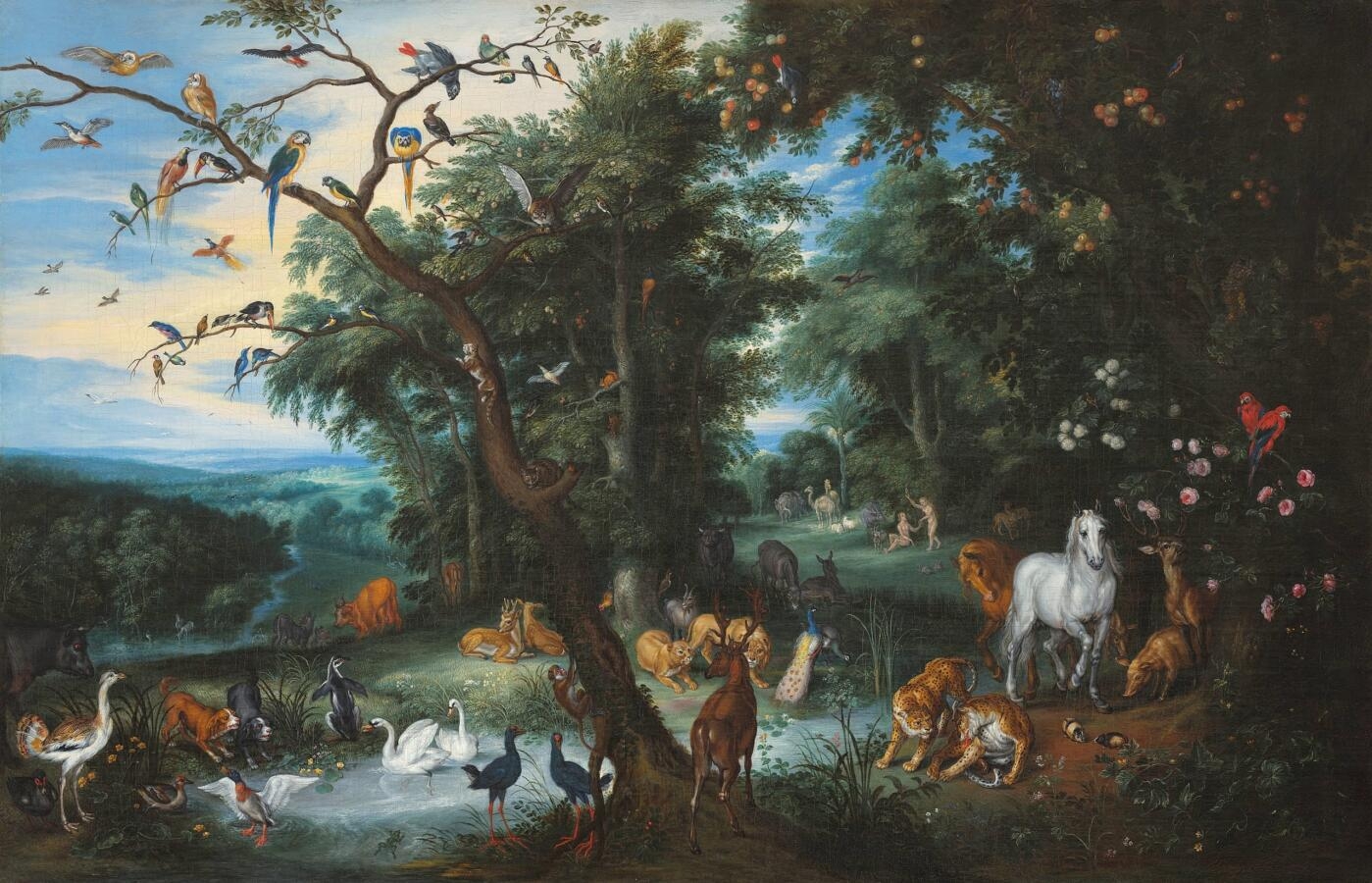 Painting of a beautiful landscape with many animals.