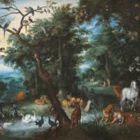 Painting of a beautiful landscape with many animals.