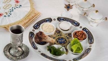 photo of traditional items on a seder table