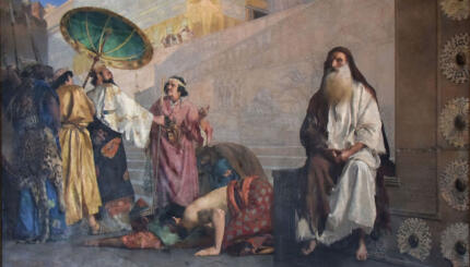 Painting of men, some bowing, some standing.