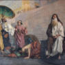 Painting of men, some bowing, some standing.