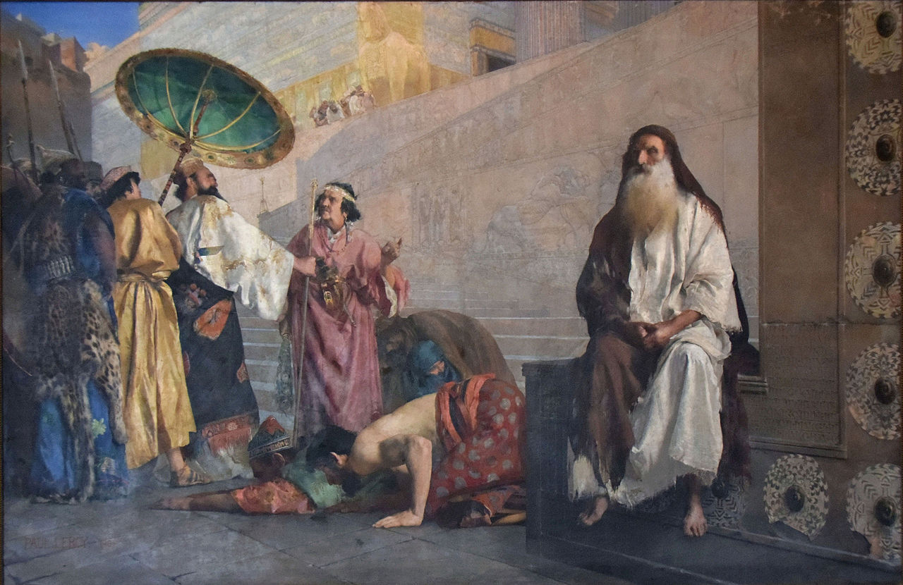 Painting of men, some bowing, some standing.