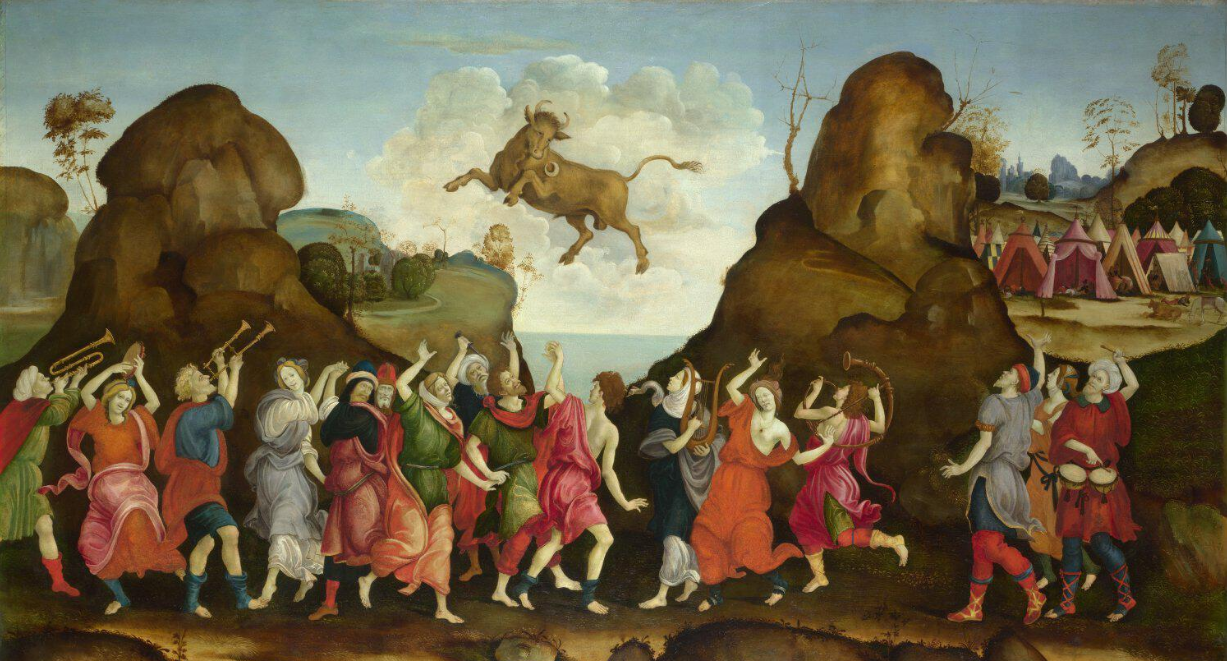 painting of a cow in the sky and people dancing below it
