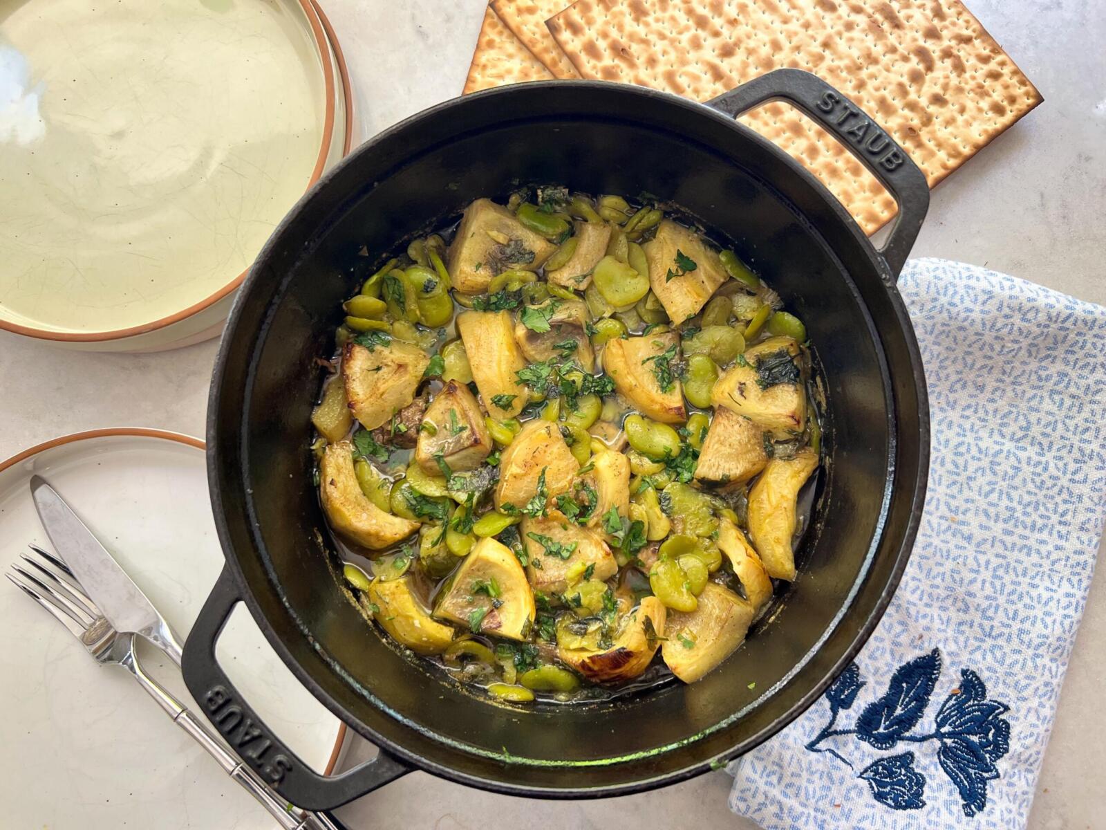 Easy Moroccan lamb tagine for Passover with artichokes and fava beans.